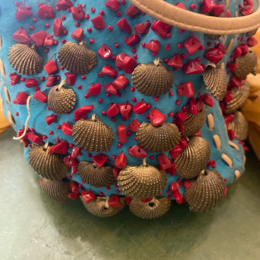 OSCAR DE LA RENTA SUEDE VELVETY LEATHER VNTG JEWELED DRAWSTRING Bag RARE FLAWED - Picture 7 of 13